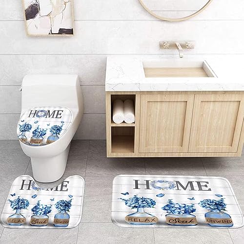 Miniatura 4 de Juego de 4 cortinas de ducha de hortensias azules con alfombras, decoración del hogar, juego de baño con cortina de ducha y alfombras y accesorios,