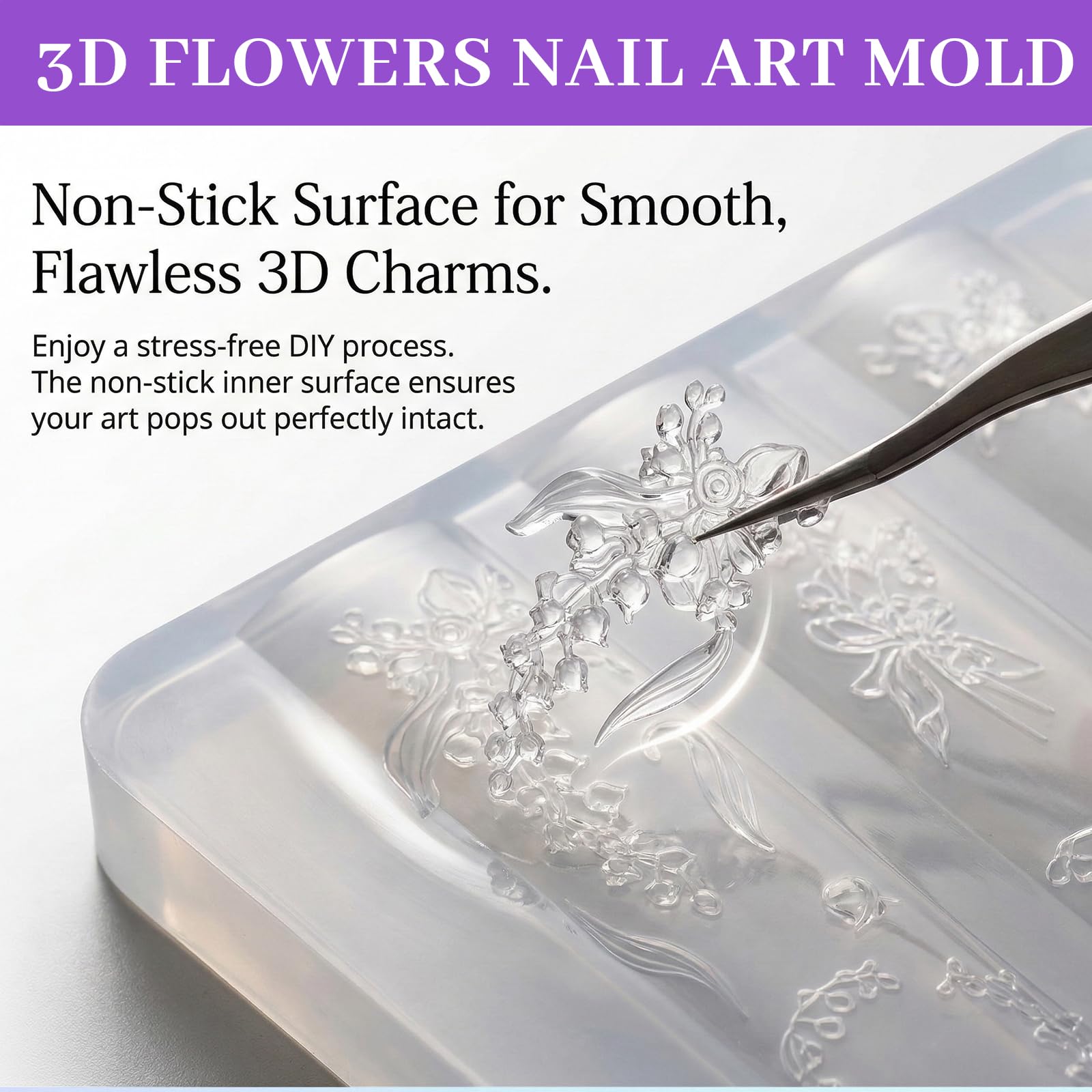 Nails Mold, set da 4 pezzi di timbri per unghie per disegno nail art con stampi in silicone 3D con fiori, stamping templates per unghie