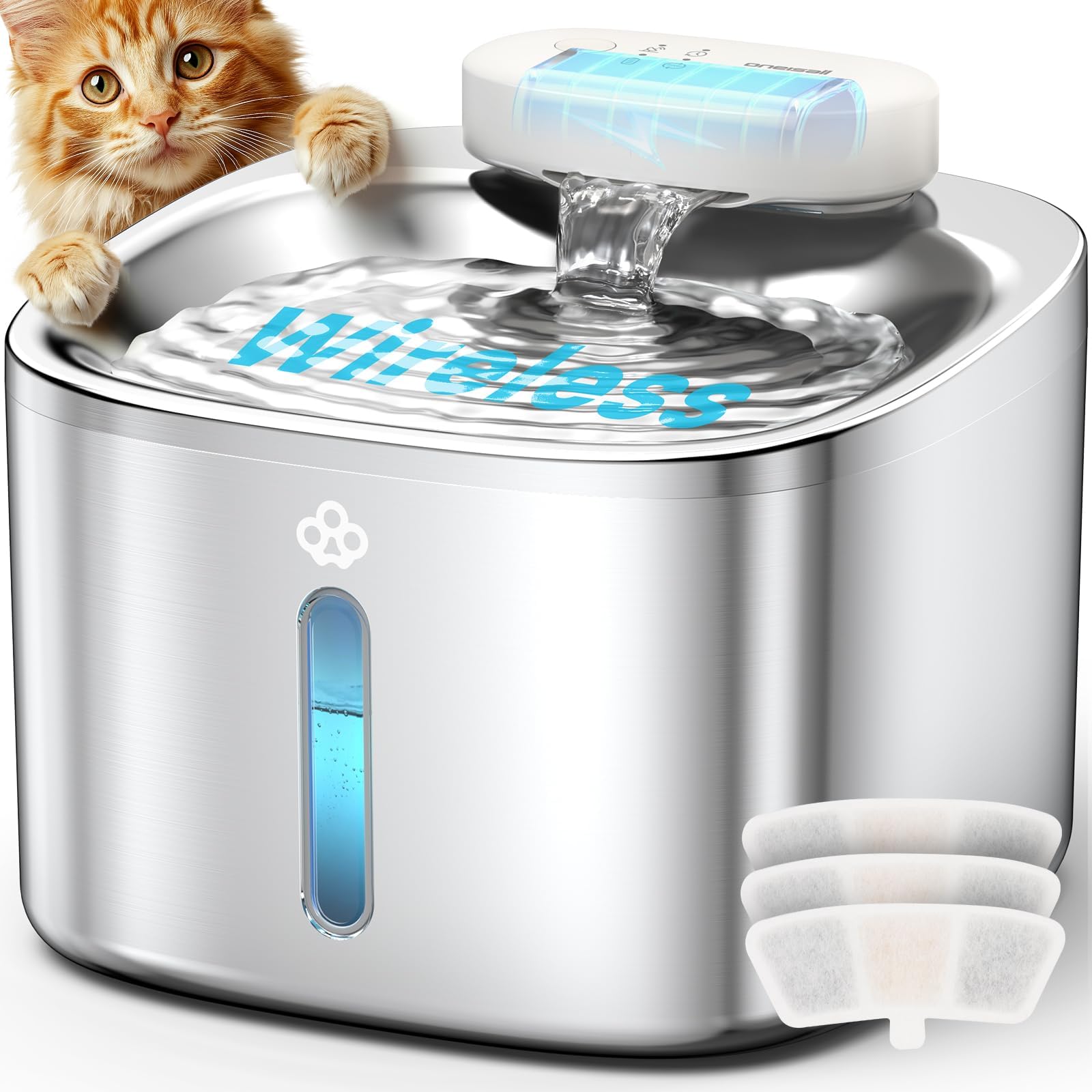 oneisall Wireless Cat Water Fountain, 3.5L/118oz Battery Operated Pet Drinking Fountain Stainless Steel, Running Water Dispenser Fountains for Cats, Cordless & Rechargeable with Motion Sensor 3.5L Wireless Cat Water Fountain