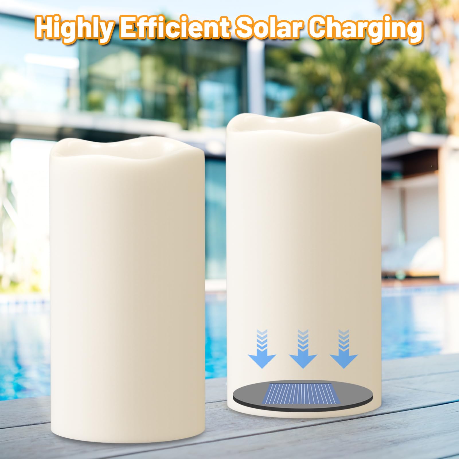 Eldnacele Candele a LED a energia solare, per esterni, impermeabili, a batteria, effetto fiamma, tremolante, interruttore crepuscolare, set da 2 pezzi (diametro 7,5 x 15 cm, crema)