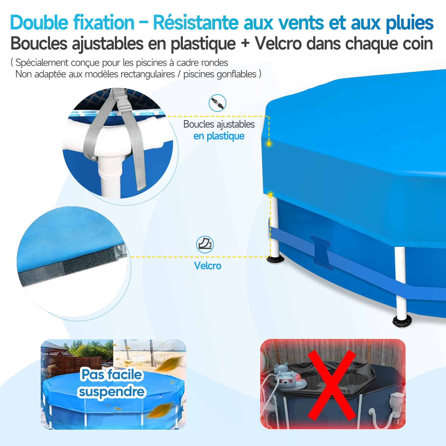 Sekey Bache Piscine Ronde 457cm–Spéciale Piscines à Cadre Métallique Rond |avec Lanières Ajustables et Bande Auto-agrippante |Antivent et Anti-Poussière |Toile Dense Résistante aux Déchirements |Bleu
