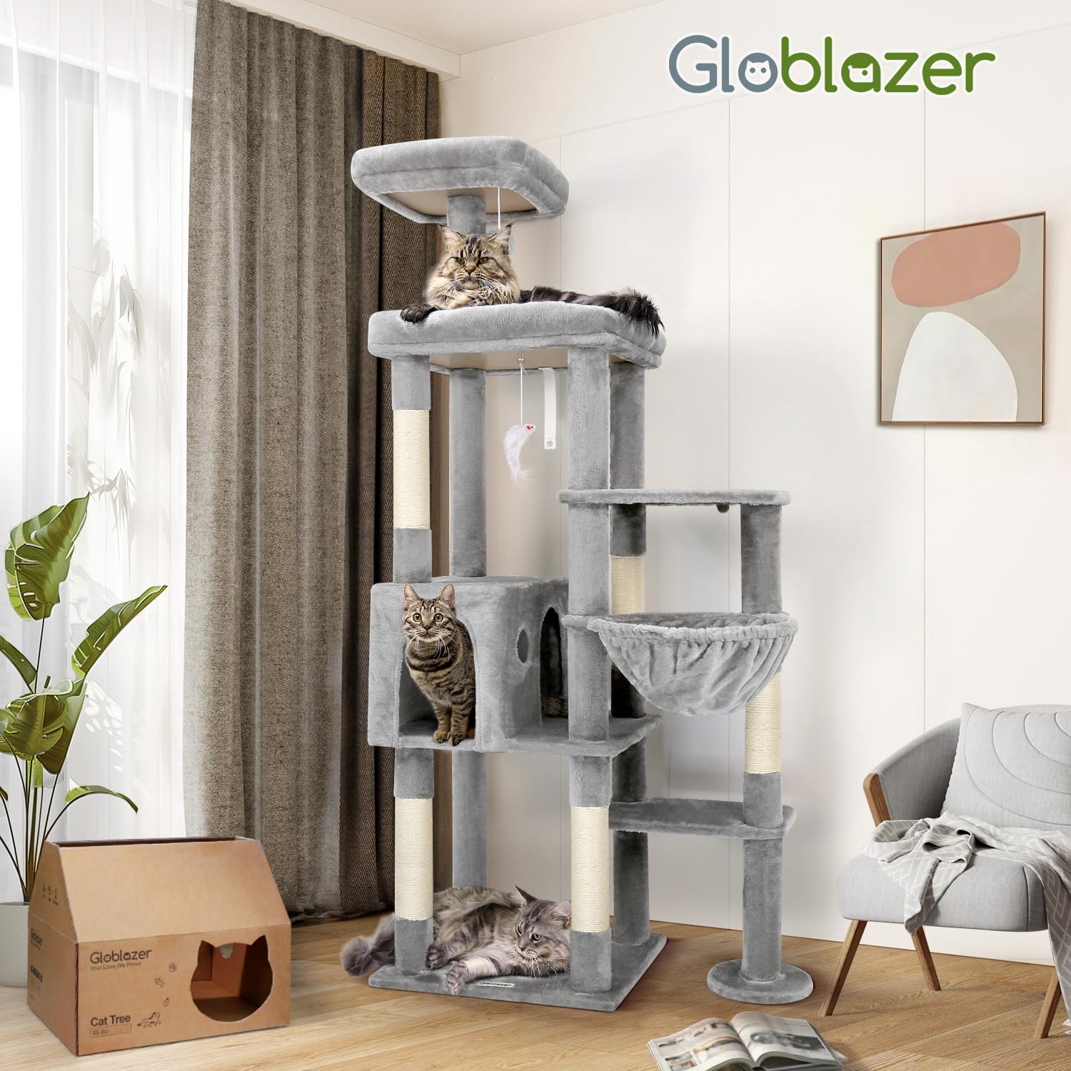 Globlazer Árbol Rascador para Gatos XL, Rascador para Gatos Alto 167 cm con Grandi Plataformas Acolchada Percha Nidos Cesta Peluche Juquetes, Estable Torre para Gato Grandes 5KG+ (F65B, Gris Claro)
