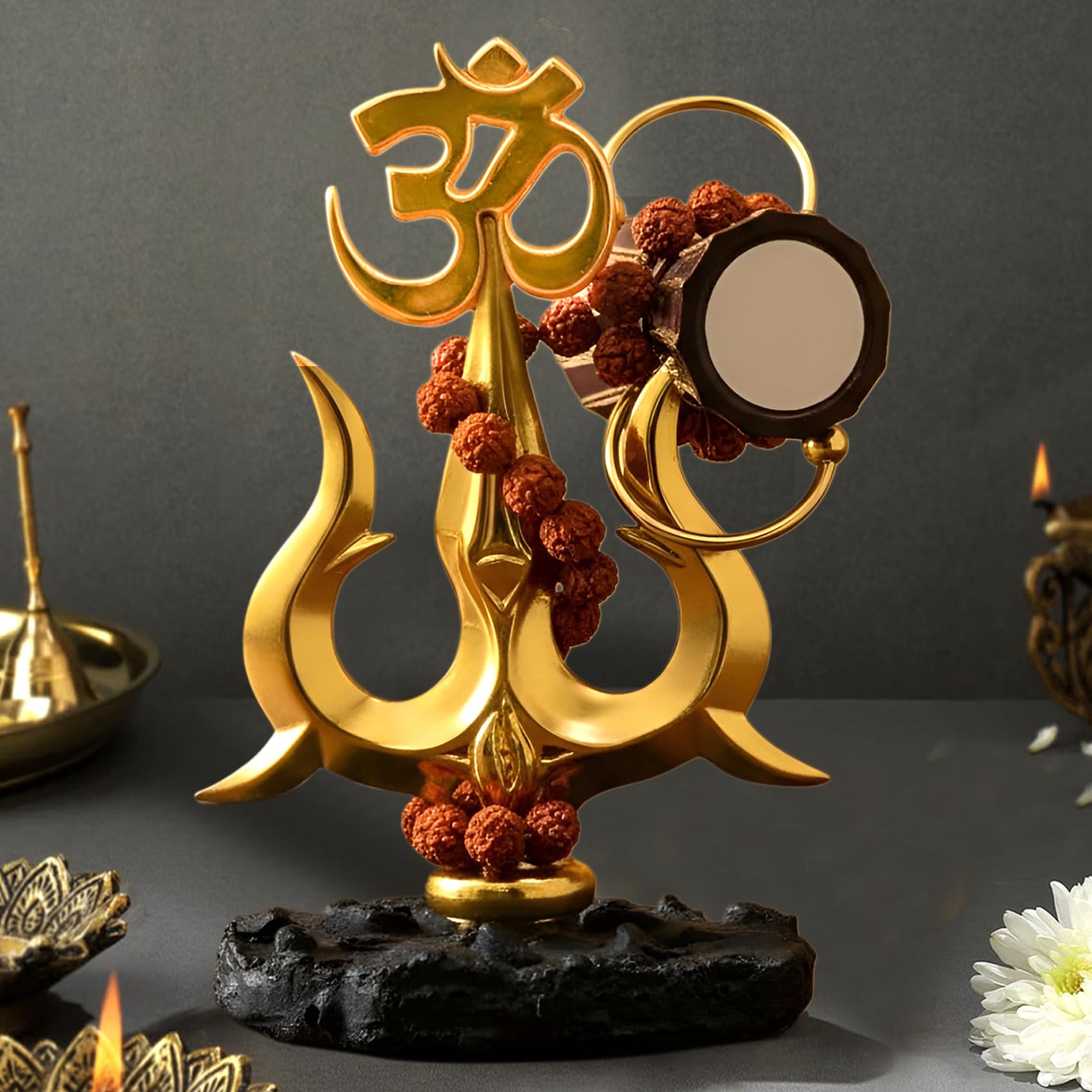 TIED RIBBONS Lord Shiva Trishul with Om & Damru Decorative Idol (Resin, 4.5 Inch) | Rudraksha Beads | Spiritual Home Temple & Office Desk Decor | Gold Finish Car Dashboard Showpiece-image-31