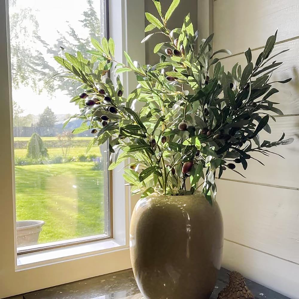 6pcs Artificial Plants Greenery Olive Branches Stems Fake Plants Green Leaves Fruits Branch Leaves for Home Office ndoor Outside DIY-Wreath Decor 28-Inch (6)