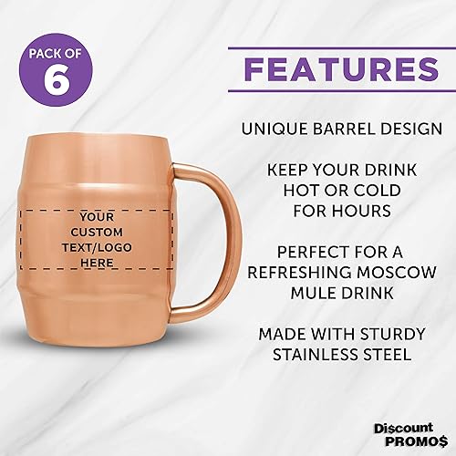 Miniatura 2 de DISCOUNT PROMOS Taza de barril de acero inoxidable con revestimiento de cobre personalizado, 14 onzas, juego de 6, paquete personalizado a granel,