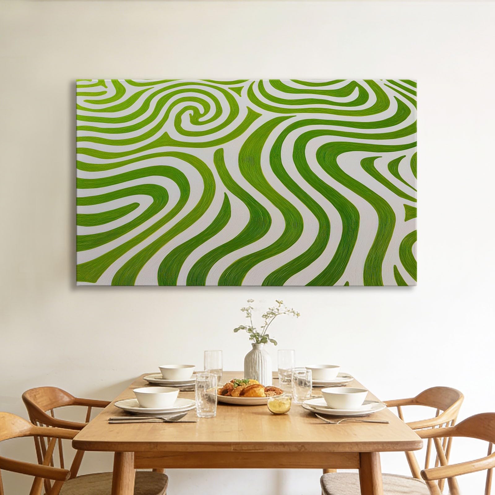 Genérico Cuadro Lienzo Decoracion Moderno Grande Rayas Verdes Onduladas 100x75cm Cuadros Decorativo con Marco, Cuadro Pared para Salon Dormitorio Baño Pasillo Hogar