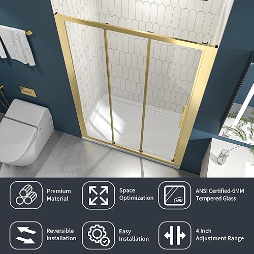 Miniatura 18 de Puerta de ducha deslizante sin marco de 44-48 pulgadas de ancho x 72 pulgadas de alto, puerta de ducha de vidrio con vidrio templado SGCC Negro