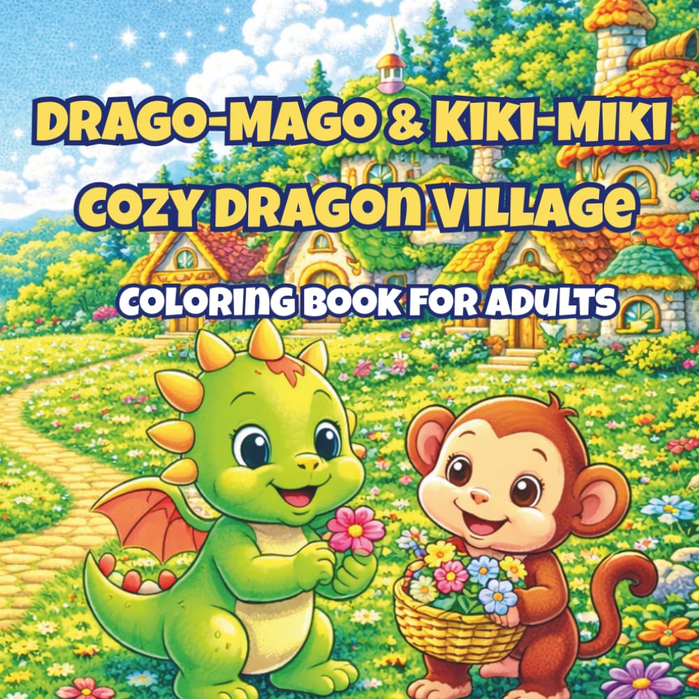 Drago-Mago & Kiki-Miki Cozy Dragon Village: A Cozy Fantasy Coloring Book for Adults Featuring Cute Dragons, a Playful Monkey Friend, Village Life, and Magical Relaxing Scenes
