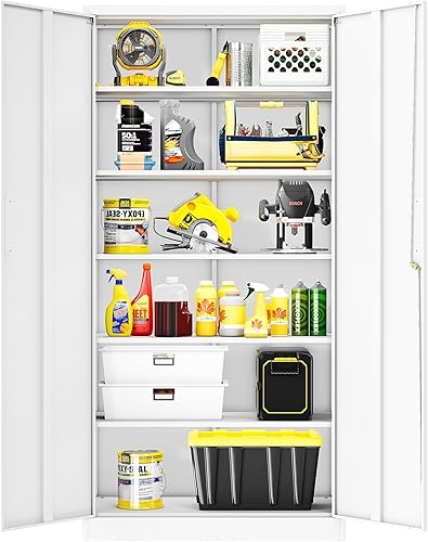 LISSIMO Gabinete de almacenamiento de metal para garaje, gabinete blanco de 72 pulgadas de alto con puertas y estantes ajustables, armario de