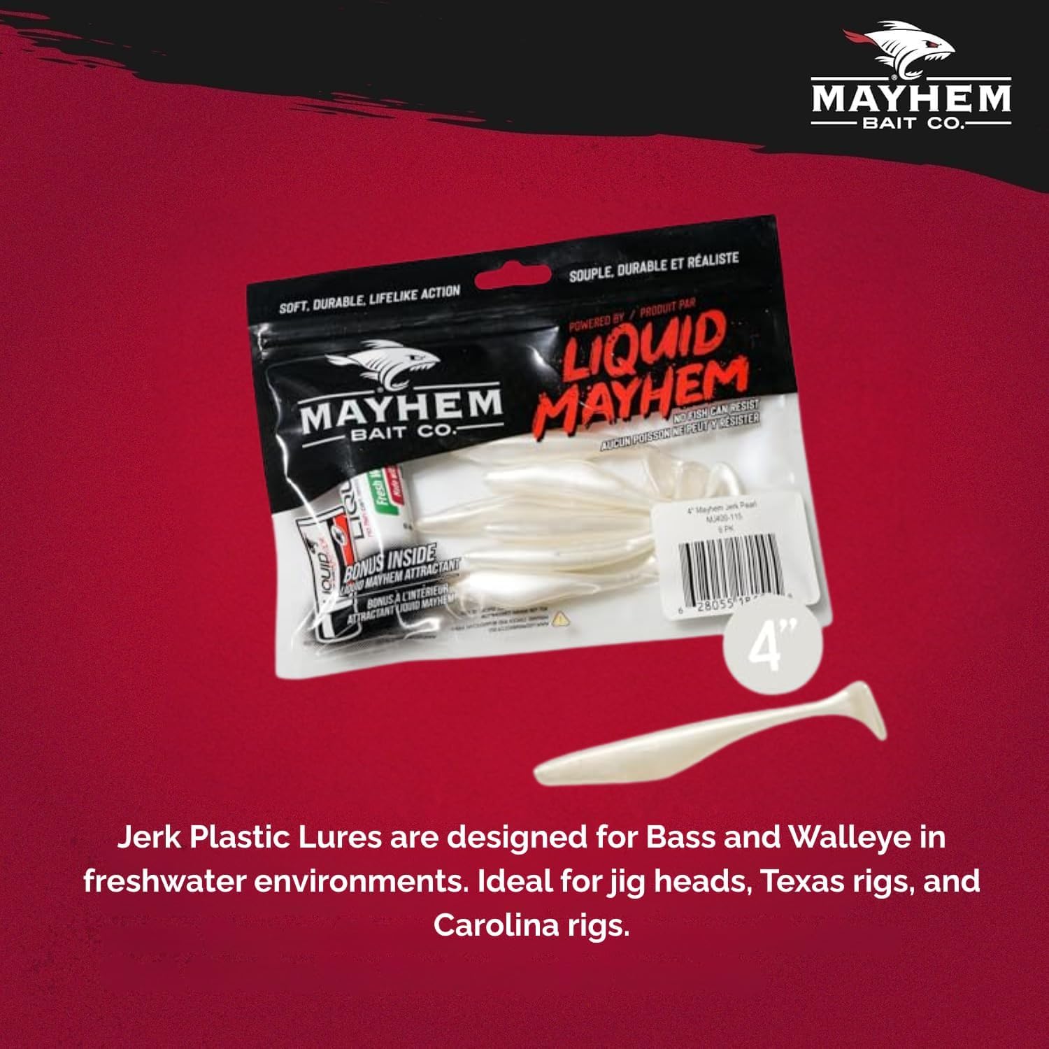 Liquid Mayhem Devils Split 4” – Soft Plastic Lures for Bass & Walleye with Fast Darting Action – Includes Bonus 10ml Attractant – 6 Baits Each Pack
