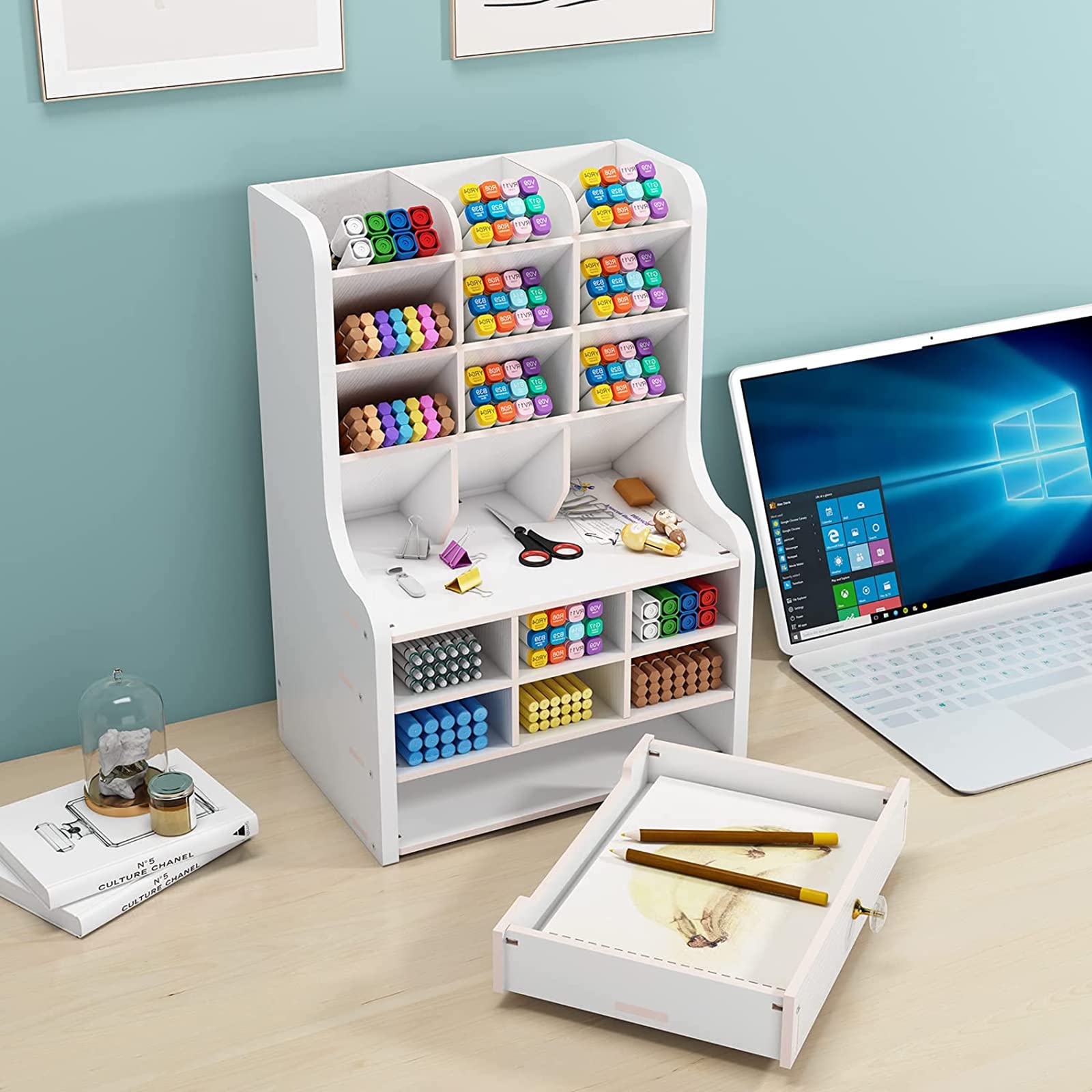 Mnkyer Organizzatore da Scrivania in Legno Scatola di Penne da Scrivania Multifunzione per Desktop in Casa Forniture per Ufficio Scolastico con Cassetto (Bianco-b16)