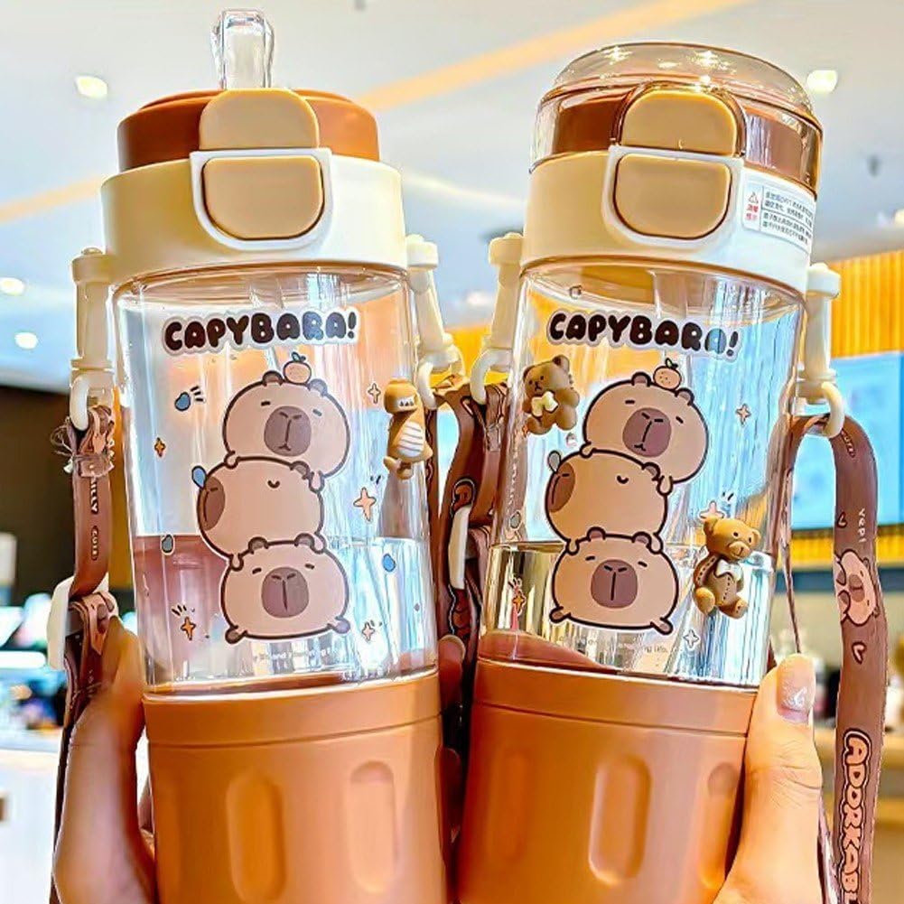 Bouteille D’eau Capybara Avec Paille, Couvercle Et Porte-clés – 510 Ml, Super Mignonne Pour Les Enfants