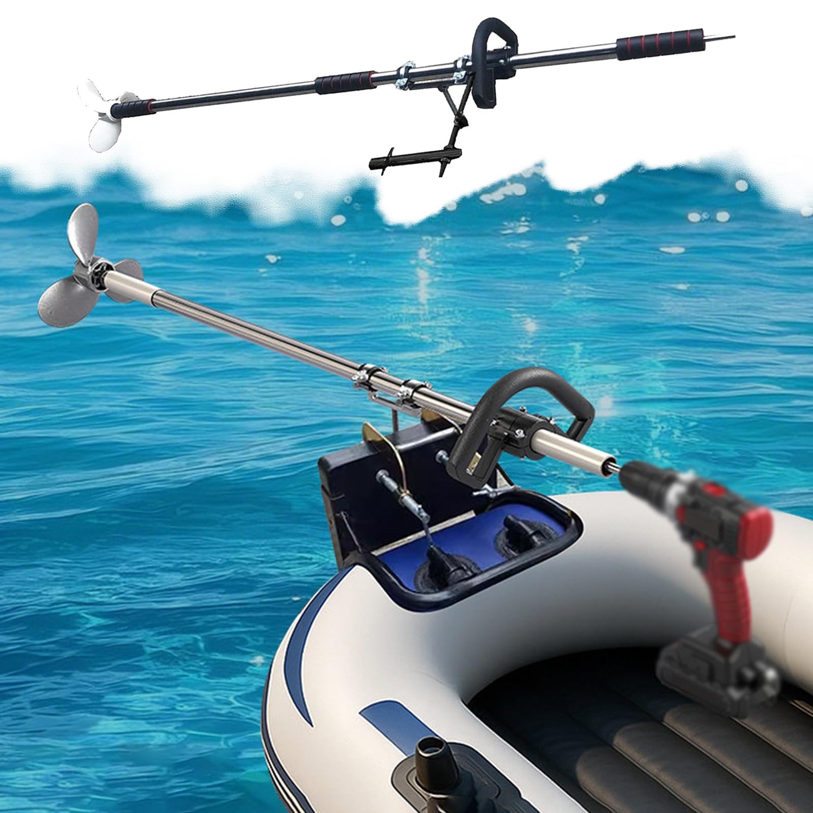 Elica per trapano orientabile per kayak, motore fuoribordo leggero con maniglia e morsetto, kit motore per pesca a traina di emergenza