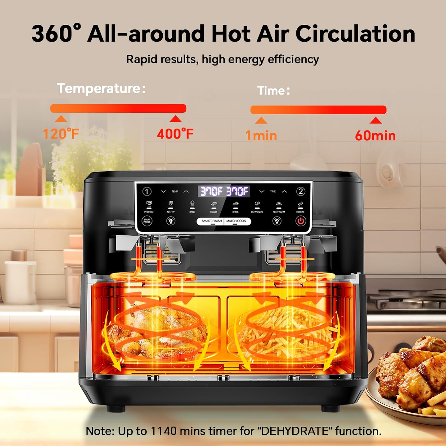 1600W Dual Zone Air Fryer Oven,12.69QT with Divider,Nonstick & Dishwasher-Safe Basket,Match Cook & Smart Finish to Roast,Recipes for Easy Cooking,Digital Touchscreen,Metal Sliver