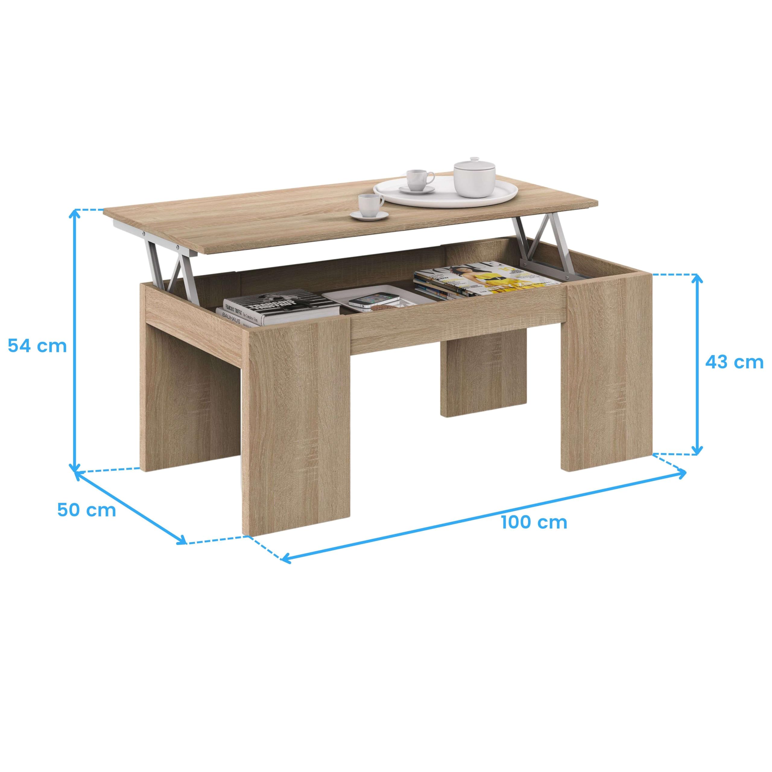 Habitdesign - Mesa de Centro Elevable Kendra, Mesita Auxiliar de Salón o Comedor con Almacenaje Interior, Roble Canadian, Medidas: 100x50x45-56 cm