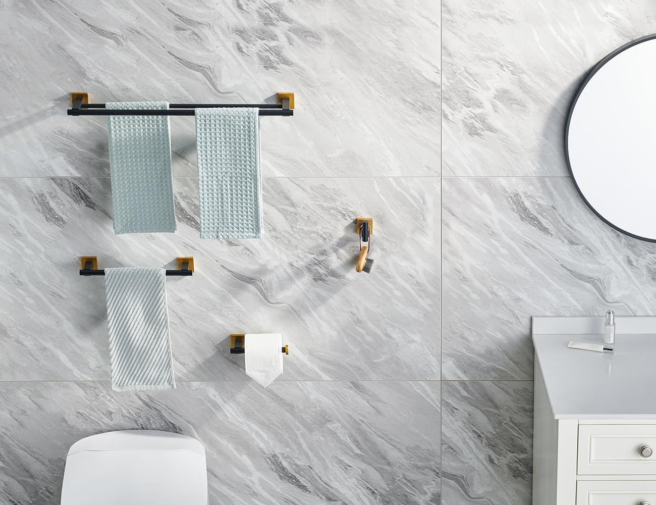 Miyili 4-Piece Bathroom Hardware Kit Set Stainless Steel Wall Mount - Includes Double Towel Bar, Hand Towel Rack, Toilet Paper Holder, Robe Hook, Black & Gold, BS02BG4 - Image 4