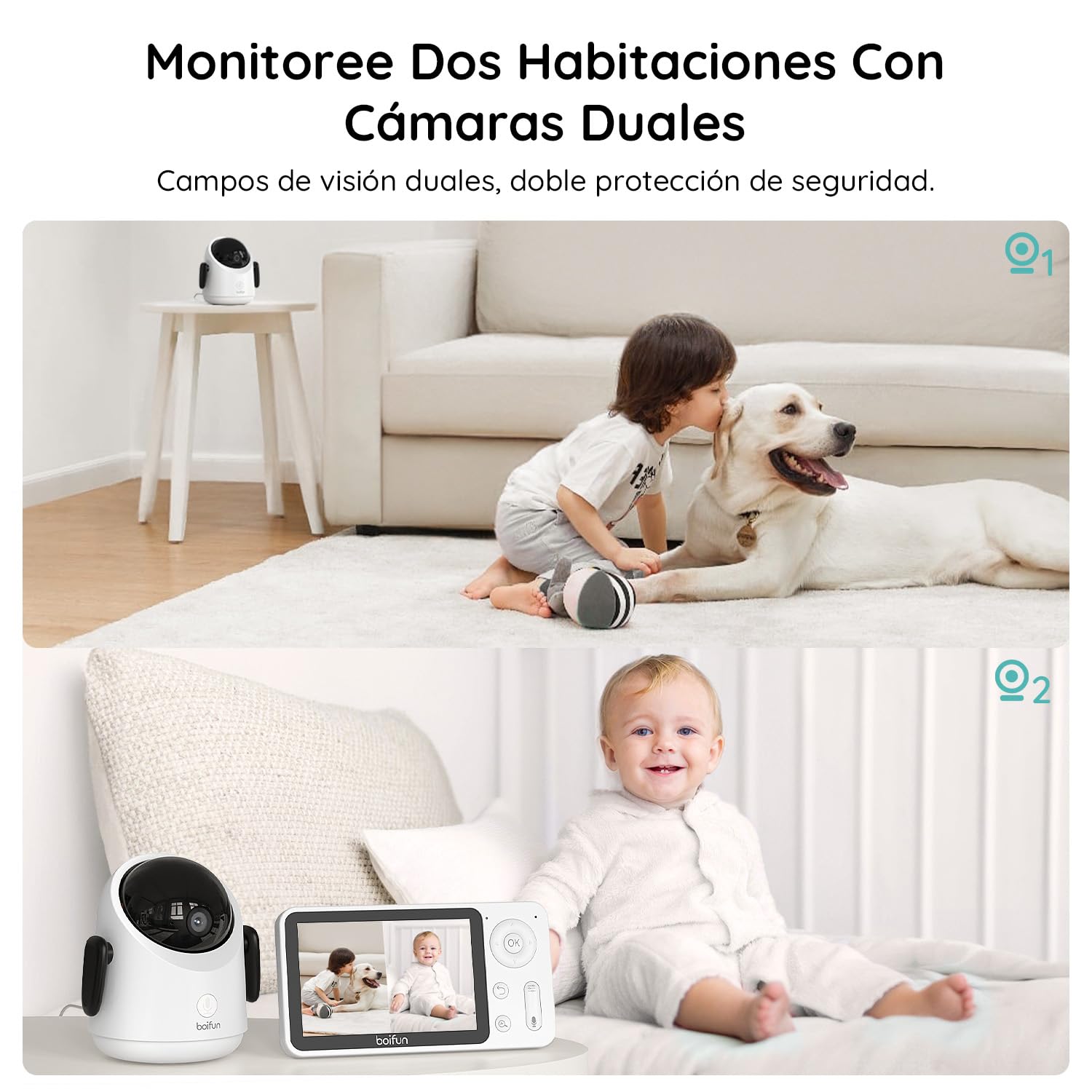 BOIFUN Vigilabebes con 2 Camaras con App Movil, 1080P Camara Vigilancia Bebe Pantalla Dividida, 360°Seguimiento Automático, Monitoreo de Movimiento, Valla Virtual con IA, Zoom 4X
