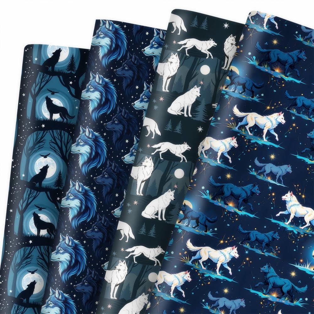GleeWrap Wolf Themed Wrapping Paper， 12 Sheets Blue Mystery Wolf Pattern,Woodland Gift Wrap for Boys, Men, Birthday, Wolf Lovers, Hunter, Wildlife Enthusiasts, 50 * 70cm