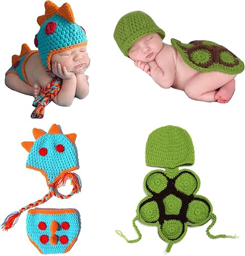 SPOKKI Conjunto de 2 juegos de ganchillo para recién nacido, accesorios de fotografía de bebé, hecho a mano, disfraz de animal de punto para niños