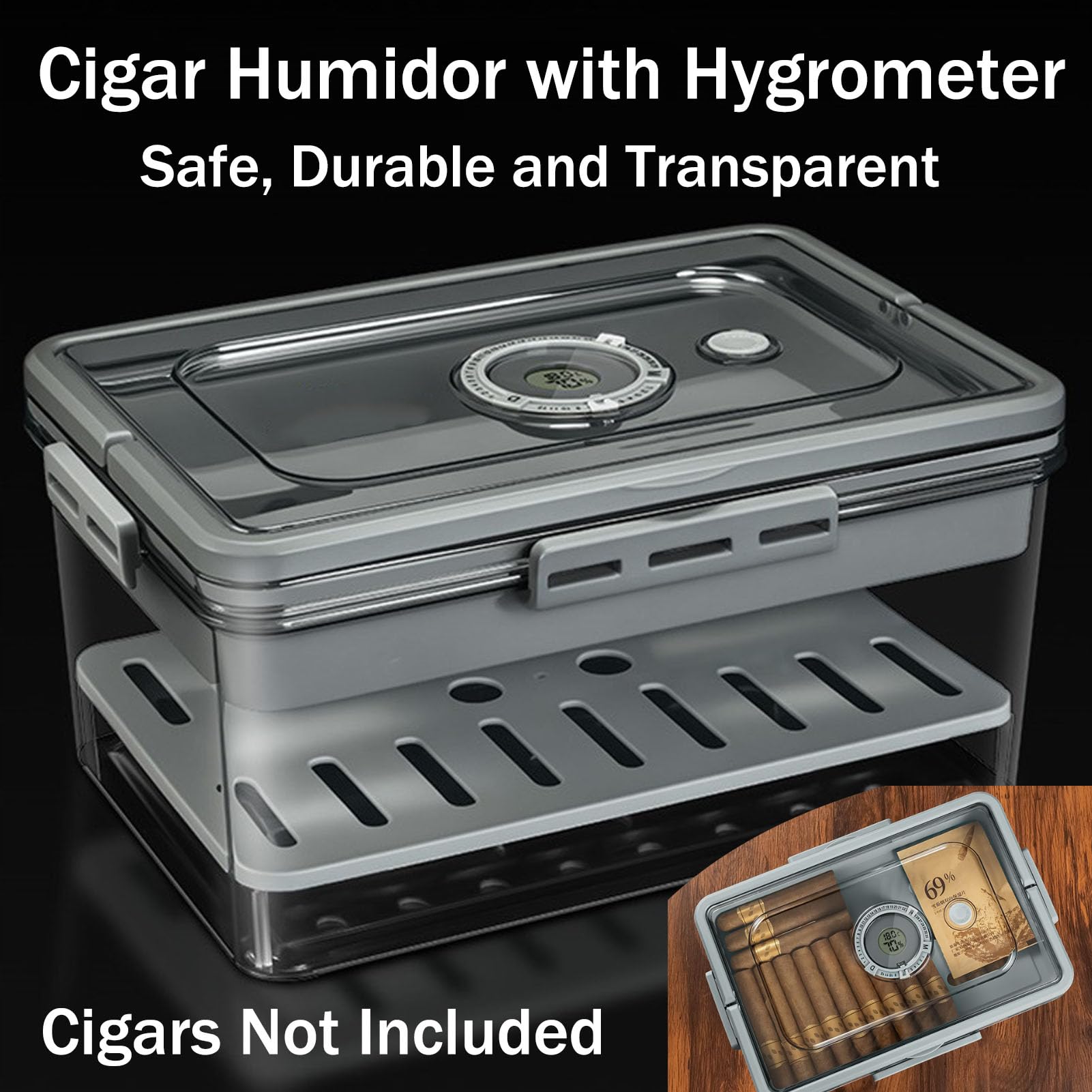Humidor per Sigari, Trasparente Scatola Portasigari con Mensole in Legno di Cedro E Igrometro, Custodia da Viaggio in Legno di Cedro con CoperchioClear,One Size