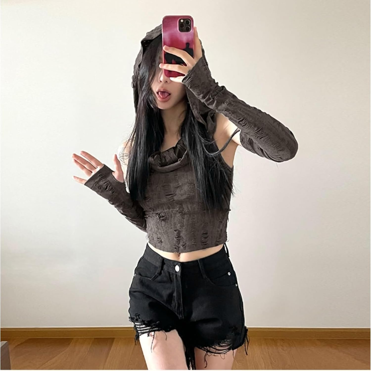 Hooded Crop Grunge Off Shoulder Slim Fit Long Sleeve Thumb Hole Soft Knit Streetwear Y2K Tee Top - Image 3
