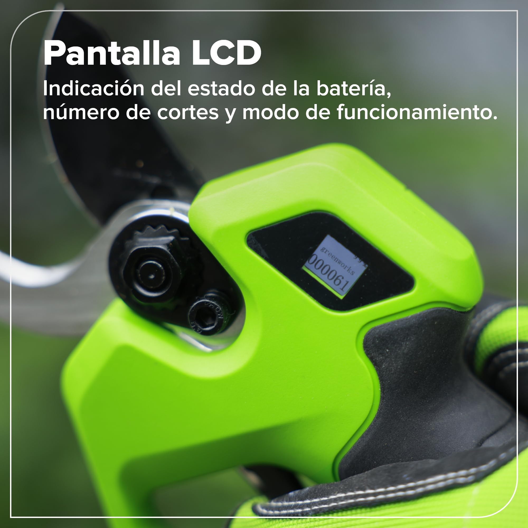 Greenworks Tijera Eléctrica 24V con Poste Telescópico 1,29–2,00 m, Motor Brushless, Cuchillas Acero, Apertura 22/32 mm, Pantalla LED, con Batería 2,0Ah & Cargador USB-C 30W LP24BLA1