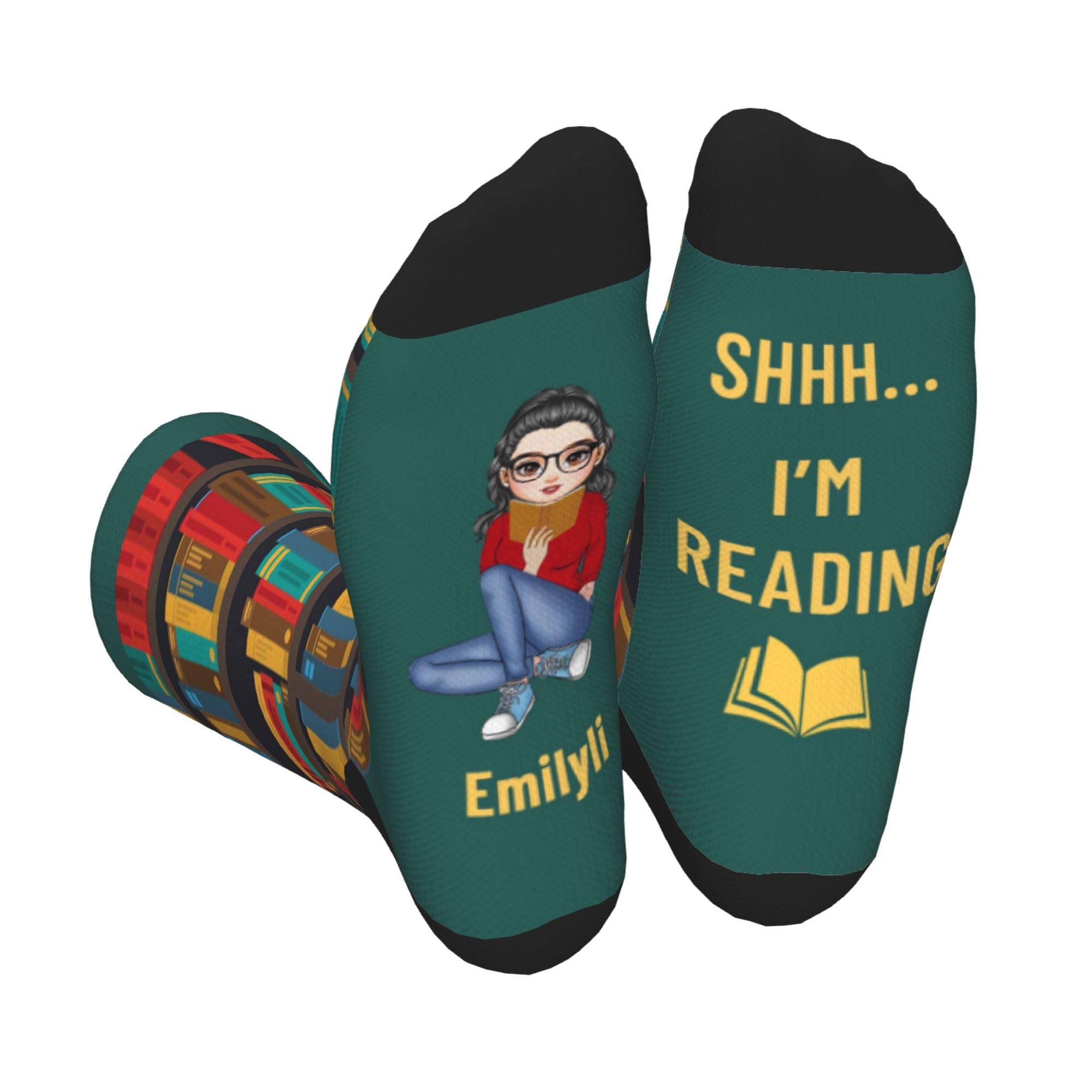 NOONATIVE Personalized Reading Book Crew Socks,Custom Crew Socks With Name Portrait,Gifts for Book Lovers Readers Bookworms Librarians