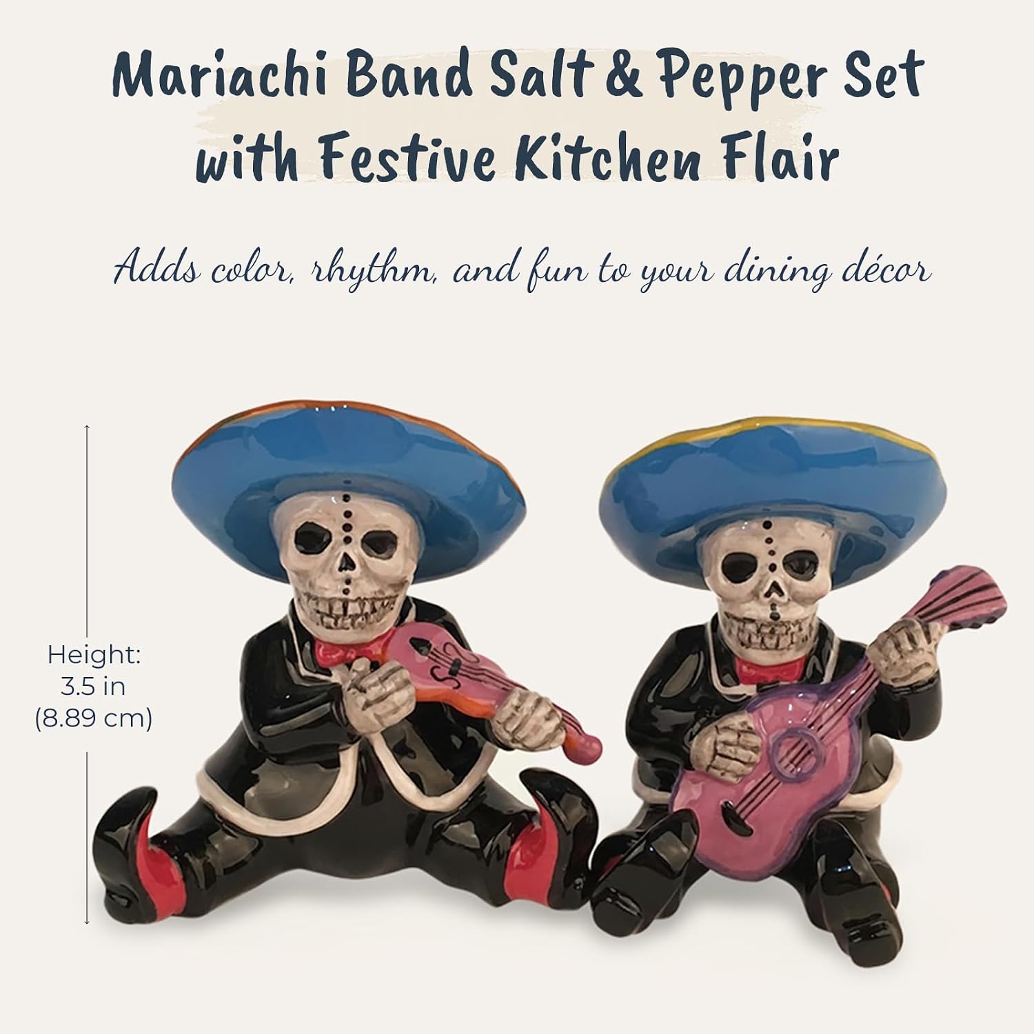 Blue Sky Clayworks Mariachi Band Salt & Pepper Shaker Set, Ceramic, 5.75" Length, Sombreros & Serenade