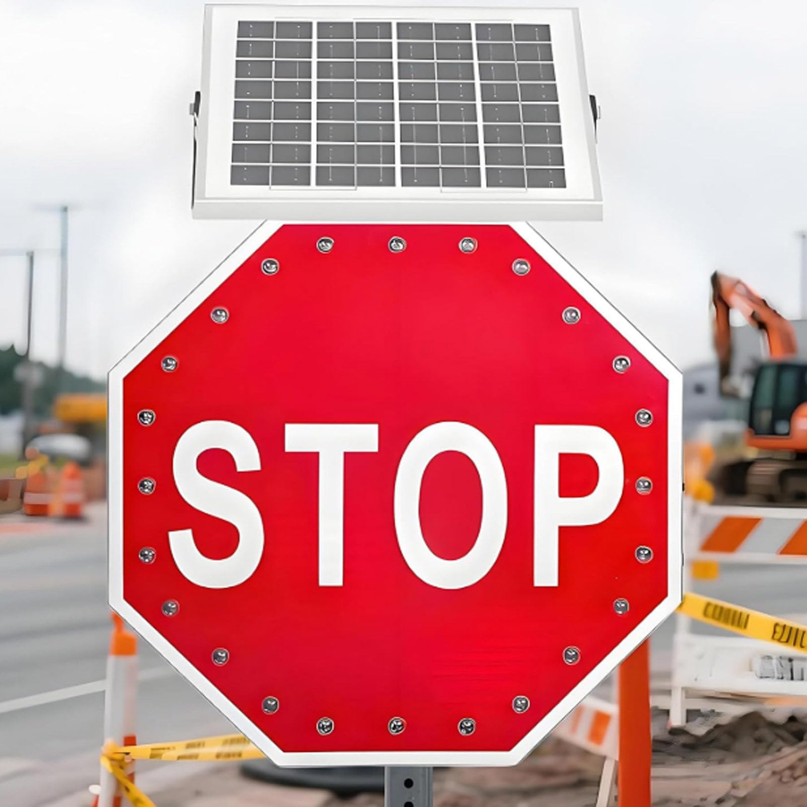 Znak drogowy „STOP” z diodami LED zasilanymi energią słoneczną 24"/30", ośmiokątny, z odblaskową folią klasy inżynierskiej, z wytrzymałą metalową ramą. 30inch