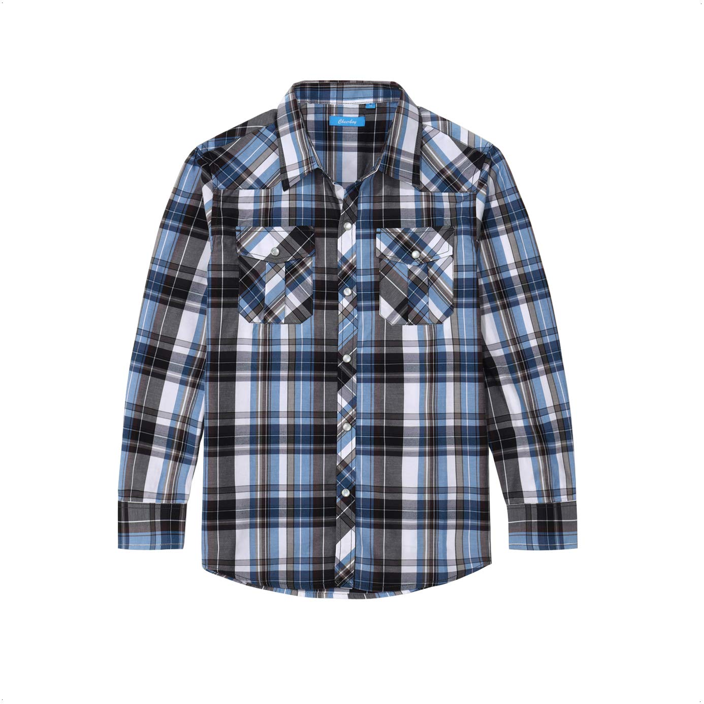 Boy's Casual Long Sleeve Western Pearl Snap Button Plaid Shirt