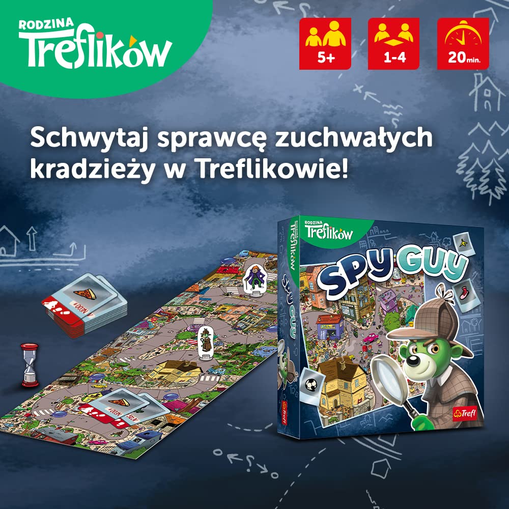 Trefl - Spy Guy - Kooperacyjna Gra Detektywistyczna, Rodzinna Gra Planszowa, Szukaj Dowodów i Złap Przestępcę, Ogromna Plansza z Miastem, Familijna Gra dla Dorosłych i Dzieci od 5 lat
