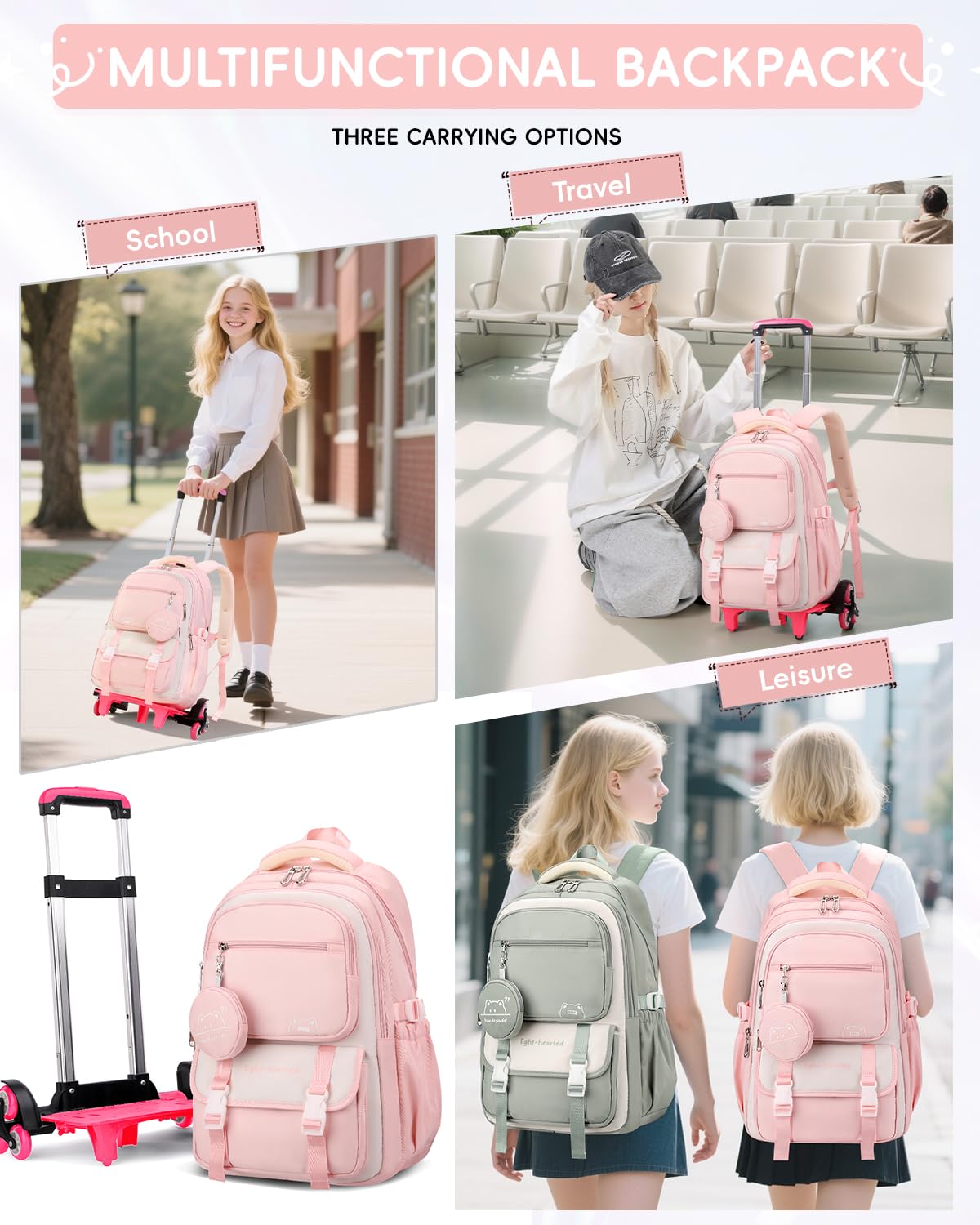 Tanou Zaino Scuola Trolley Sganciabile per Scuola Elementare e Media, 30L | Zaino Rotelle Bambina Casual, Zaino da Viaggio con Ruote per Ragazza Adolescente, Rosa