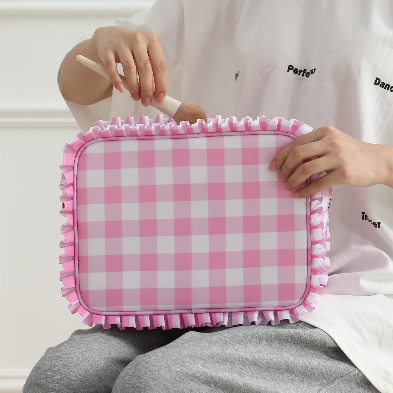 Make-up-Tasche mit Rüschen, Gingham-Muster, Rosa | Reißverschluss, großes Fassungsvermögen, Reise-Organizer für Kosmetik-Accessoires, Pinsel, Hautpflege, für Damen und Mädchen