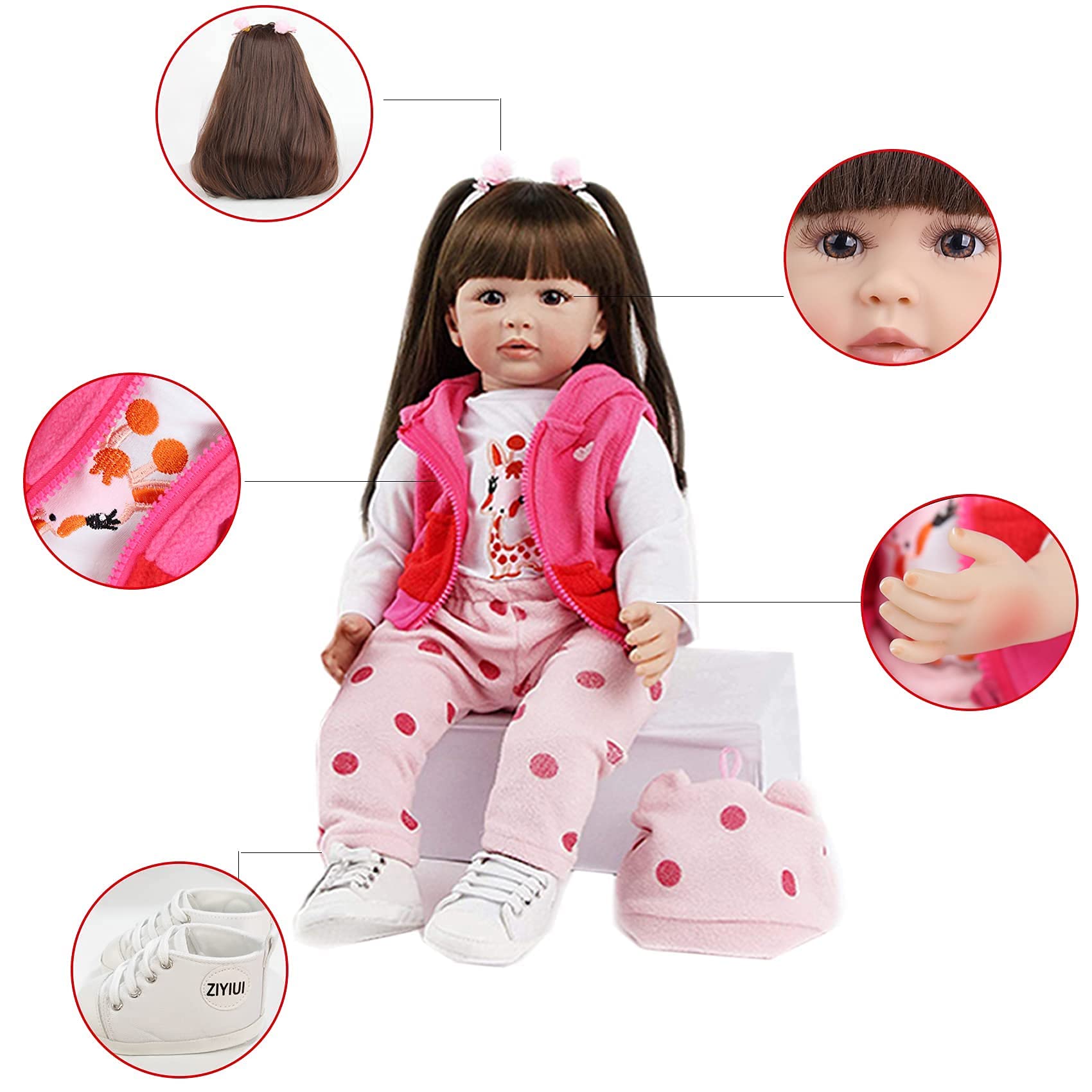 ZIYIUI 24"/60cm Realistische Reborn Babypuppen Kleinkind Weiche Silikon Vinyl Reborn Baby Mädchen Dolls with Lange Haare Kind Geschenke Realistisch Handgemacht Spielzeug