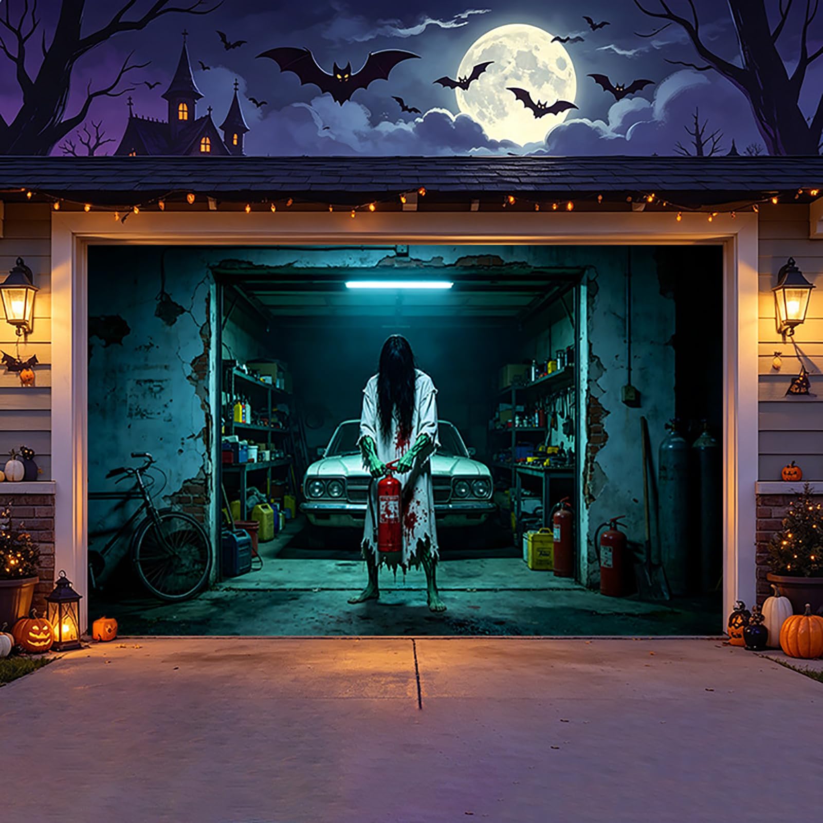 ZFFLYH Halloween Garage Door Decorations Banner Garage Door Backdrop Cover
