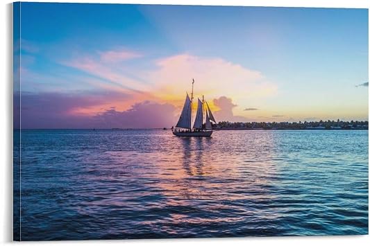 Snbidmk Sailing Boat at Key West on Calm Sea Nautical Picturesque Leisure Theme Canvas Wall Art For Living Room Home Decor 12x18 inch Framed
