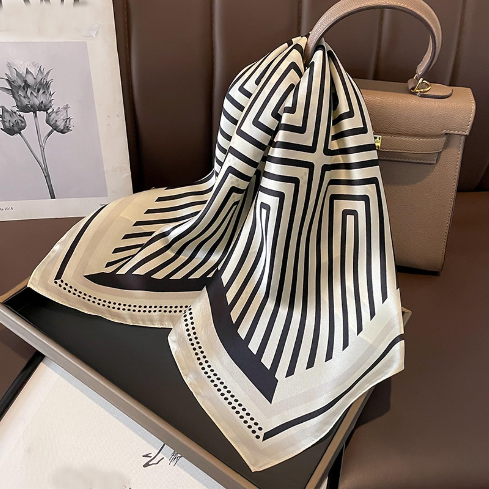 HJDMO - Bufanda griega de seda de morera de 70 cm: estampado geométrico cuadrado para mujer, pañuelo para cuello, bolso de mano, pañuelo de bolsillo, cuadrado, negro y blanco