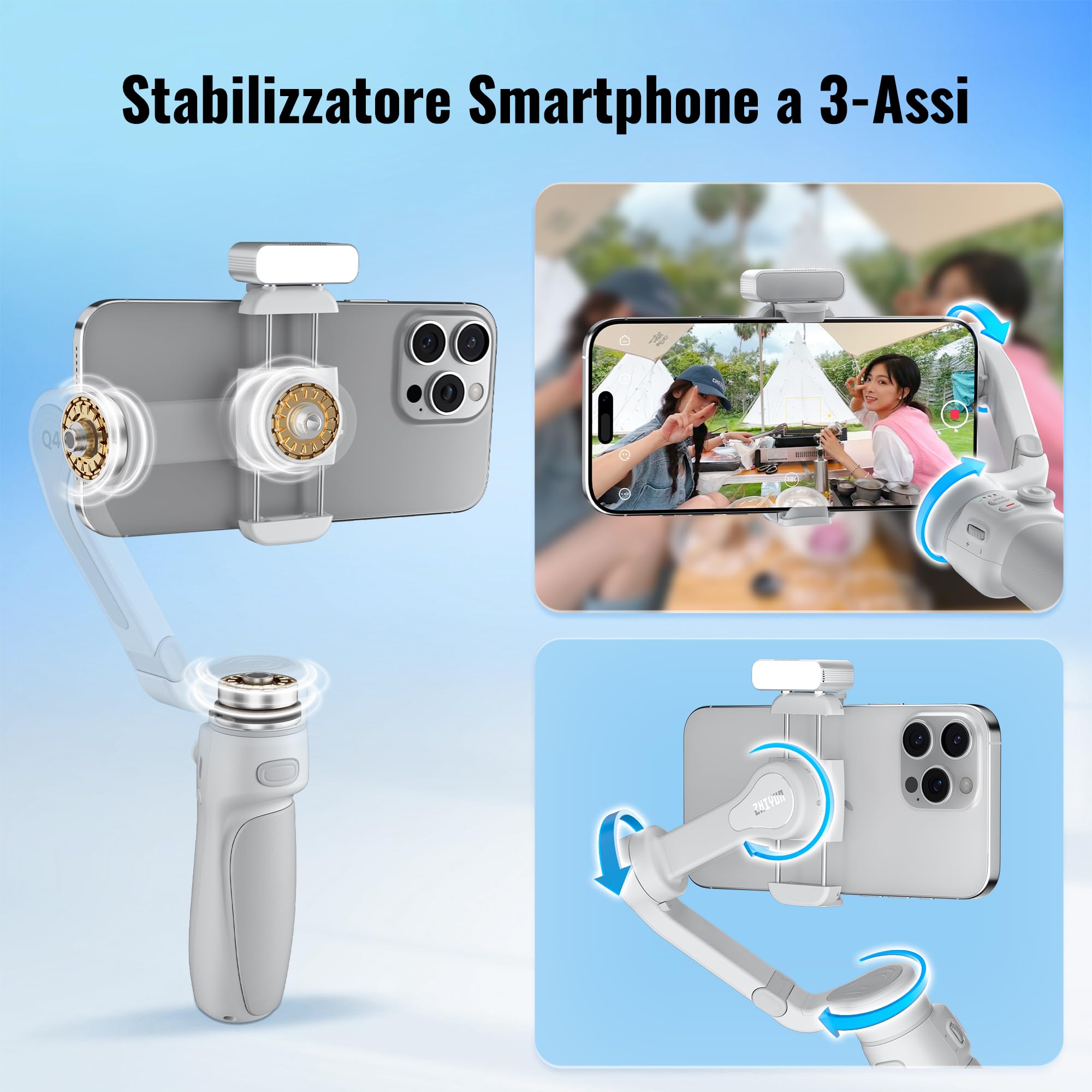 ZHIYUN Smooth Q4 Combo [Ufficiale] Stabilizzatore Per Smartphone, Stabilizzatore A 3 Assi, Gimbal Per Android/Iphone Con Manico Telescopico Integrato, Luce di Riempimento Magnetica per Vlogging