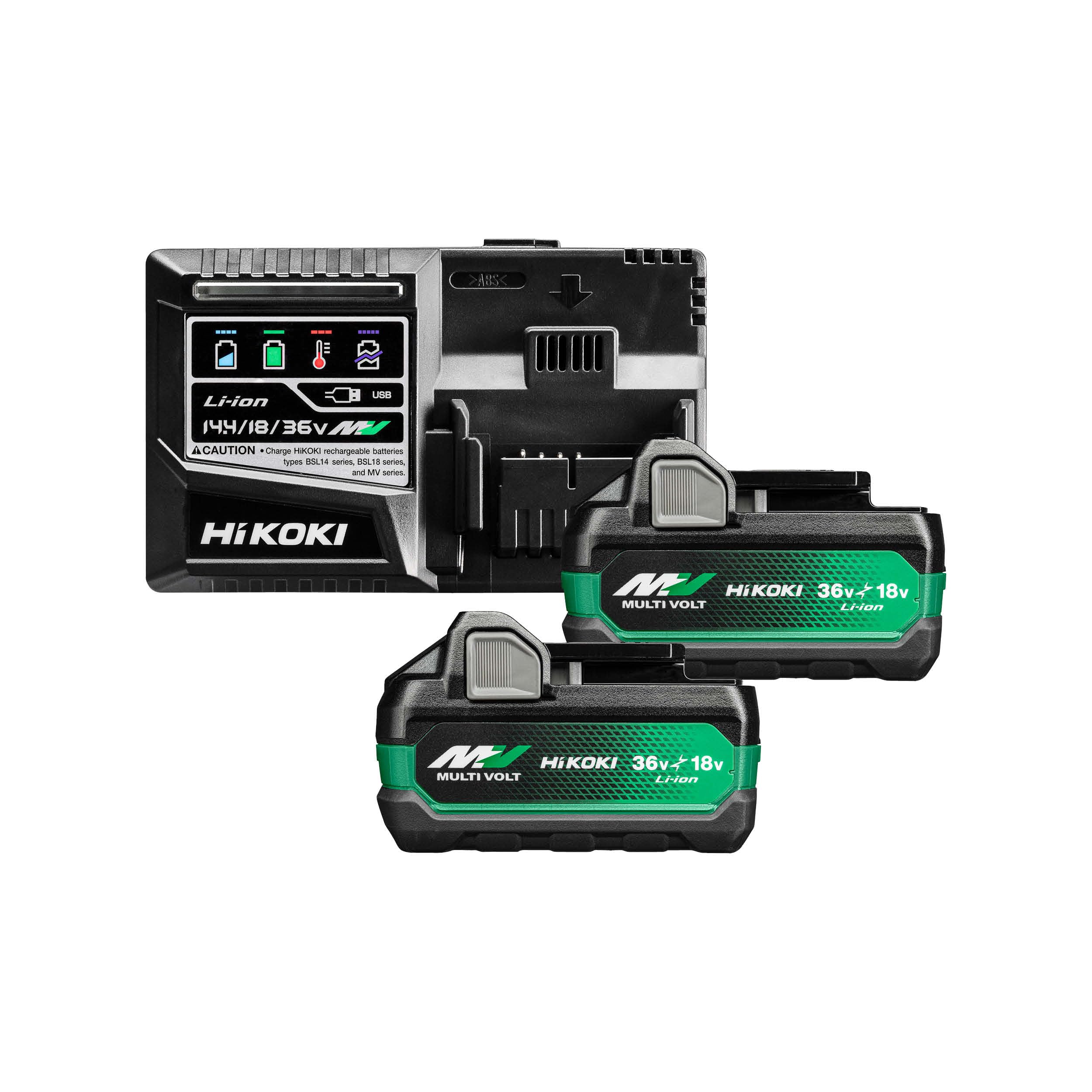 HiKOKI Booster Pack Set - Schnellladegerät für Li-Ion Akkus, USB-Port, LED-Anzeige, Lüfterkühlung - Inkl. 2 Multi Volt Akkupacks (36 V / 18 V - 2,5 Ah / 5,0 Ah), Ladegerät (14.4 V / 18 V / 36 V) | Set mit 2x 36 V / 18 V Li-Ion Akkupacks (2,5 Ah / 5,0 Ah),
