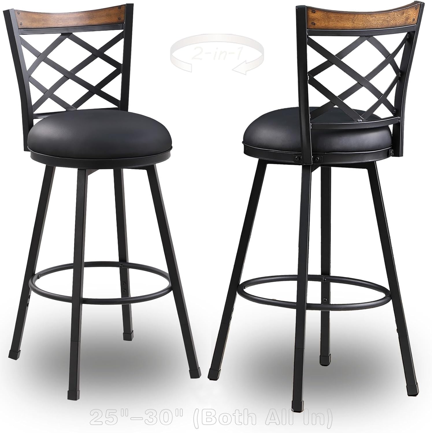 Farmhouse Swivel Bar Stools with Backs Set of 2, (2-in-1) 25"/30" Adjustable Height Counter & Bar Chairs, Industrial Metal Stools with Black PU, Vintage Rustic Wood for Kitchen Island, Pub