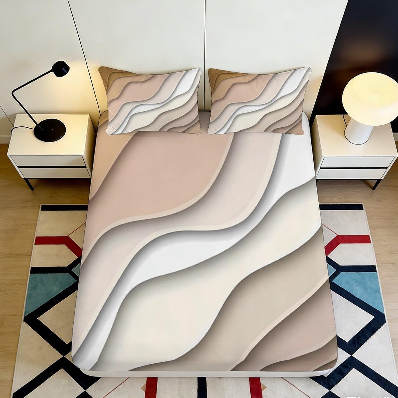 Pnayamiorkfel Style-8 3D Printed Abstract Beige Wave Fitted Sheet Microfiber Soft Decorative Geometric Mattress Cover For Bedroom Dorm Home 90X200x25cm