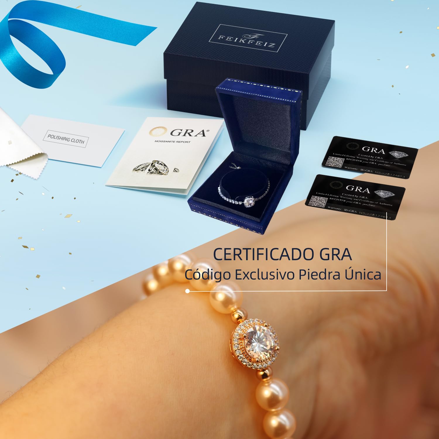 FEIKFEIZ Pulsera de perlas de agua dulce con diamantes de moissanita cultivados en laboratorio de 2 quilates, chapada en oro de 18 quilates y ajustable.
