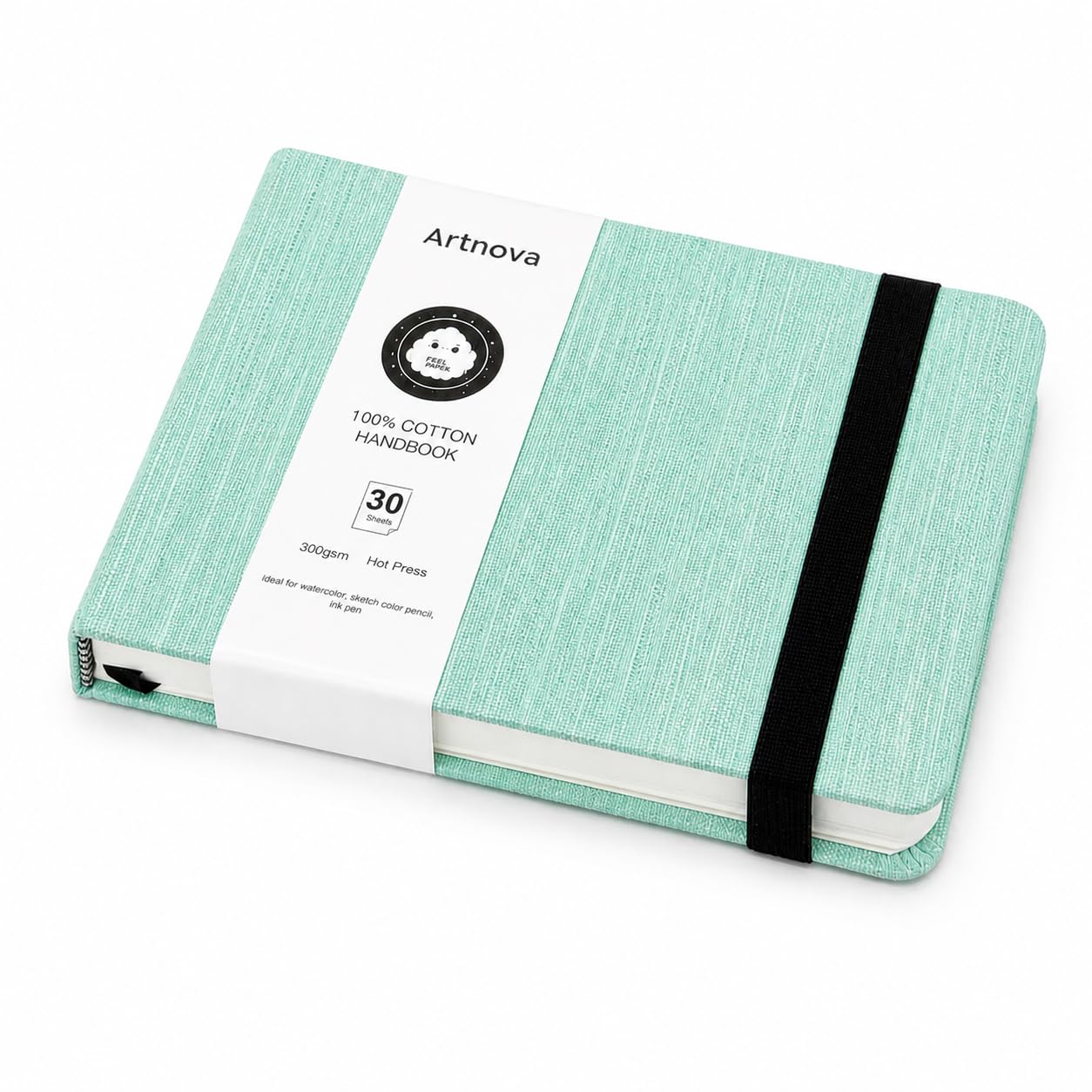 Cuaderno de dibujo A6 verde 100% algodón 300 gsm, horizontal apaisado – Bloc acuarela y tinta, 30 hojas (60 páginas), papel prensado en frío – Sketchbook viaje con bolsillo interior