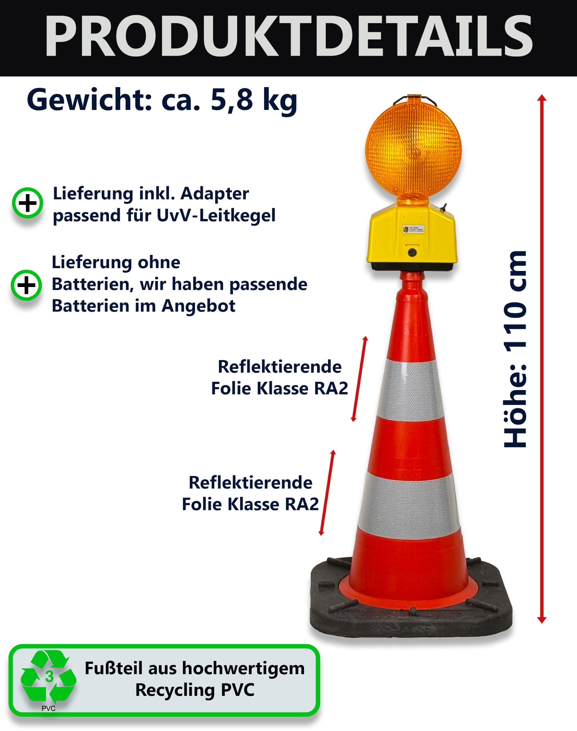 UvV-VarioBLITZ – Leitkegel mit Blitz-Warnleuchte (75 cm Bigfoot Leitkegel + VarioBLITZ)