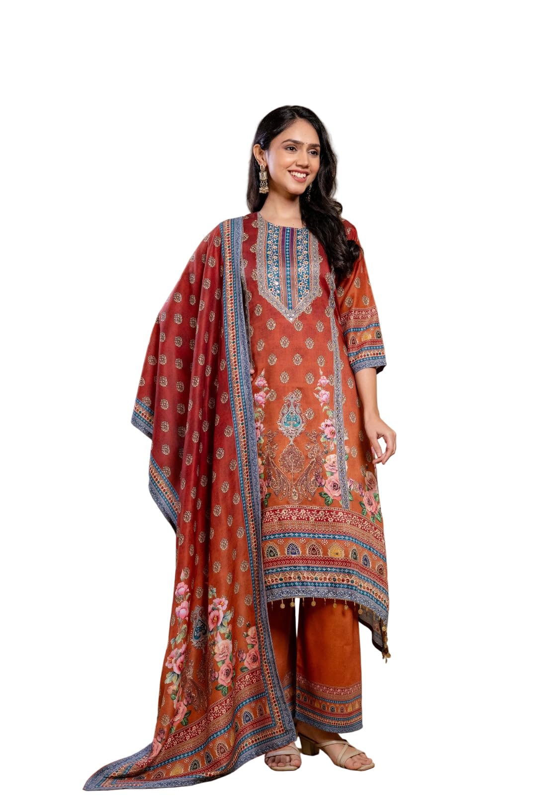Embroidered & Printed Asymmetric Kurta with Palazzo & Printed Dupatta | Paisley & Floral Print | 3 Piece Ethnic Set-image-18