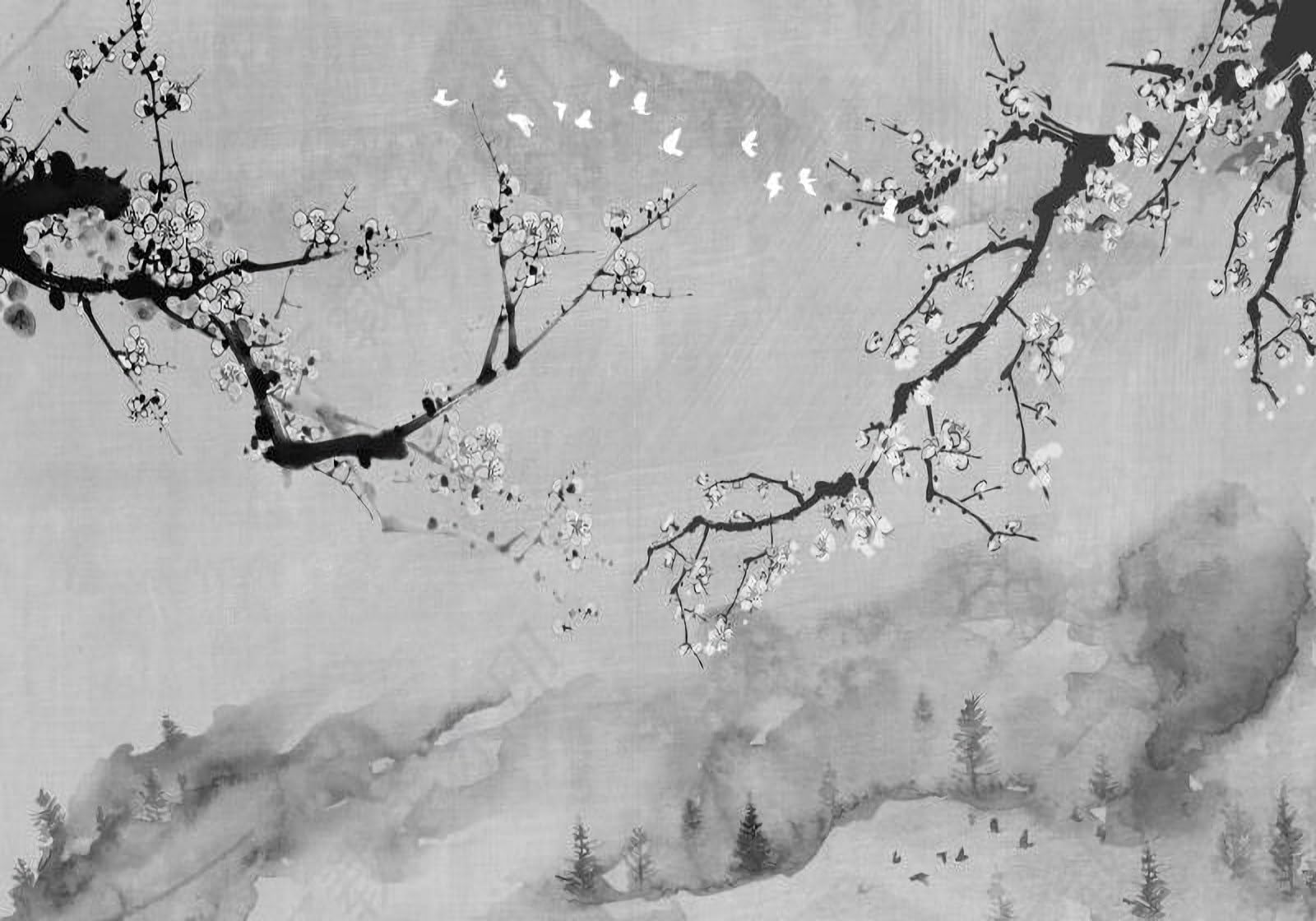 Papier peint panoramique noir et blanc fleurs 3D intissé tapisserie murale