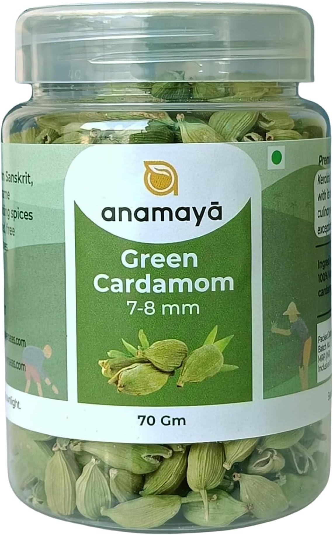 Anamaya Elaichi | Cardamom | Green Cardamom Whole | 7 to 8 mm Big Size Bolts | Rich Aroma | Sourced from Kerala Farms | 100% Pure & Natural | 70 Gm | Packed in a reusable jar | Green Ilaichi