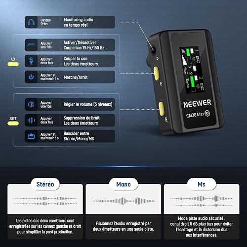NEEWER CM28 Max Wireless Lavalier Microphone System with Charging Case 48KHz/24Bit Lossless Float Recording Noise Cancellation 8GB Storage 25Hrs Battery 300m Range for iPhone iPad Android Camera PC - 4