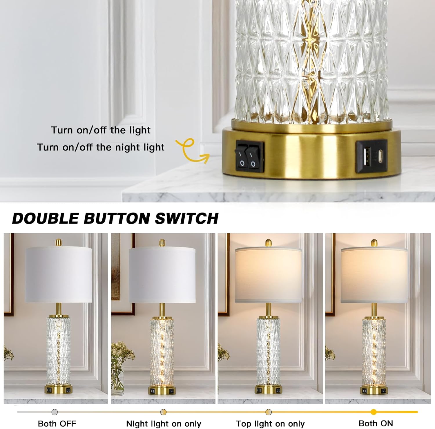 28" Gold Glass Table Lamps Set of 2, Gold Modern Bedside Lamp with LED Night Light, USB A+C, Glass Lamps for Living Room, Bedroom, Nightstand, Office, End Table (2 Bulbs Included)