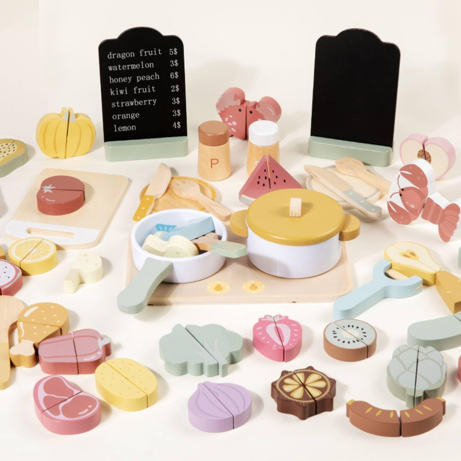 kowaku Set Cucina Giocattolo Bambini Cibo Finto Taglia E Incolla Piano Cottura in Legno Carne Pesce con a Scatto per Sviluppo Manualità Adatto per Gioco Educativo Casa Regali Ludoteca